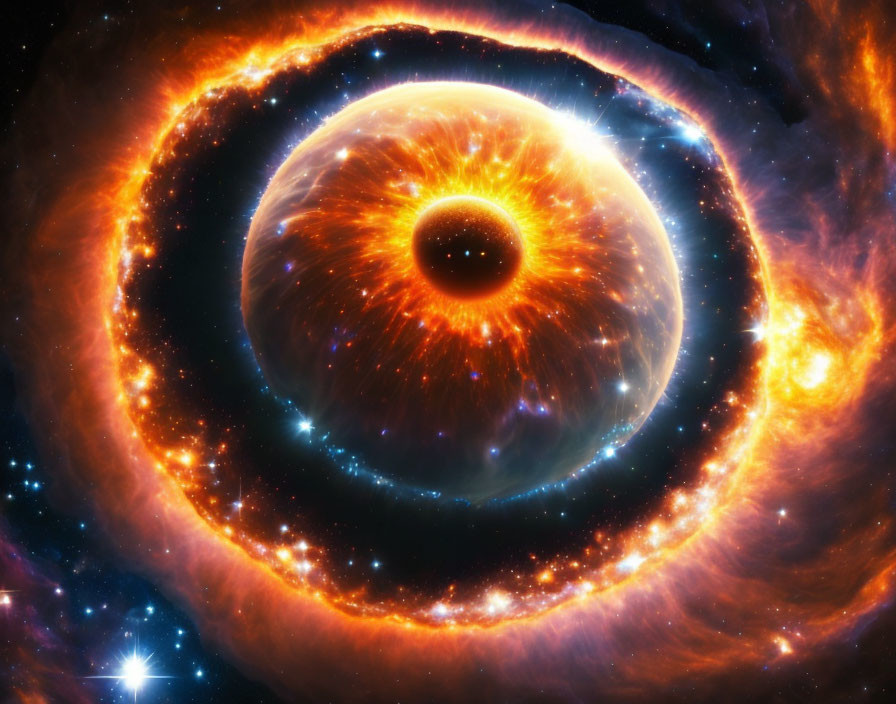 Fiery orange and blue cosmic eye in swirling galaxy.