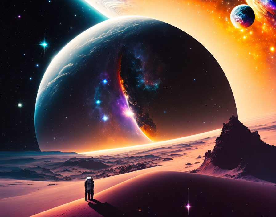 Person on alien desert landscape under star-filled sky with large planet and colorful nebula