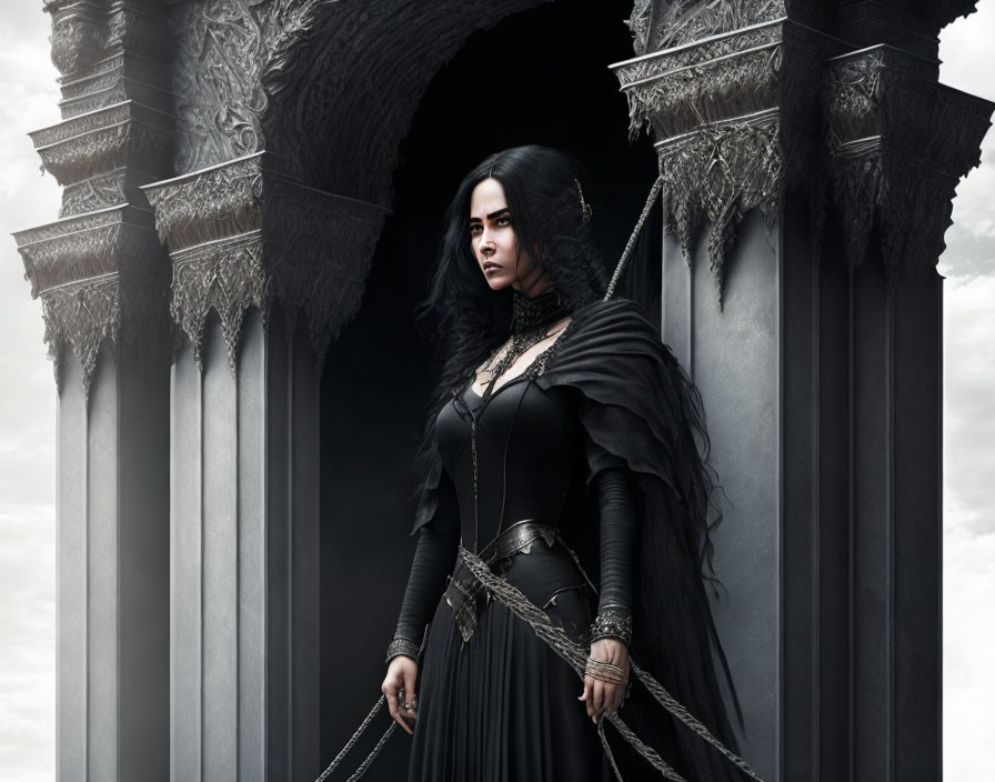 Gothic-style dressed woman with chains near stone columns