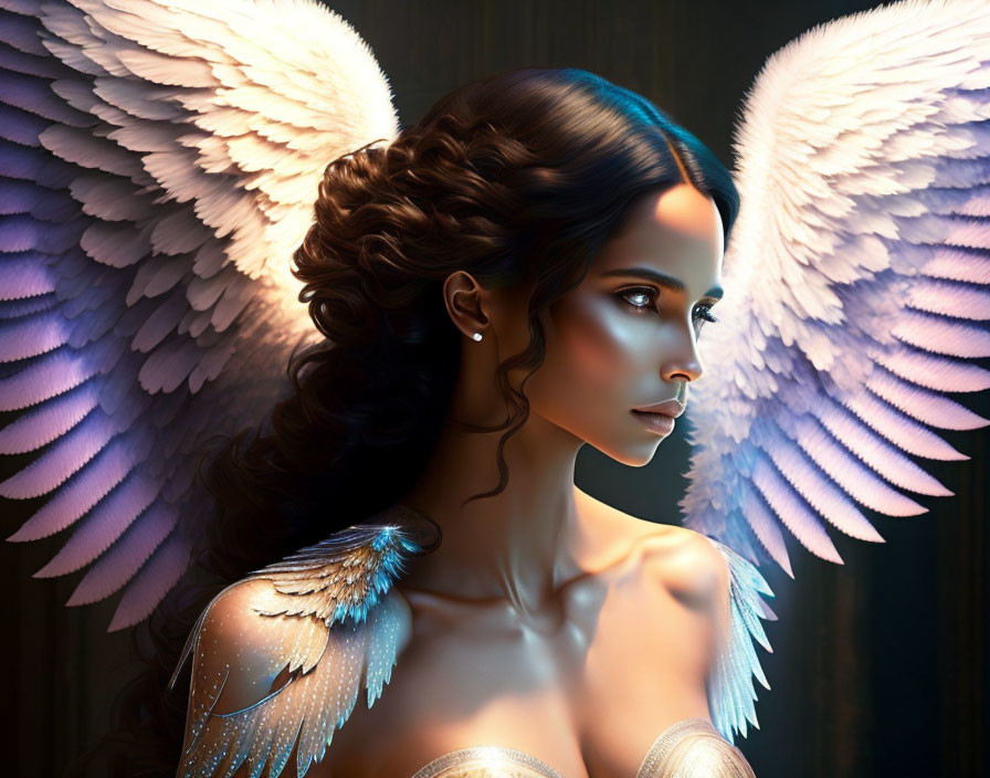 Detailed Digital Artwork: Woman with Large White Wings on Dark Background