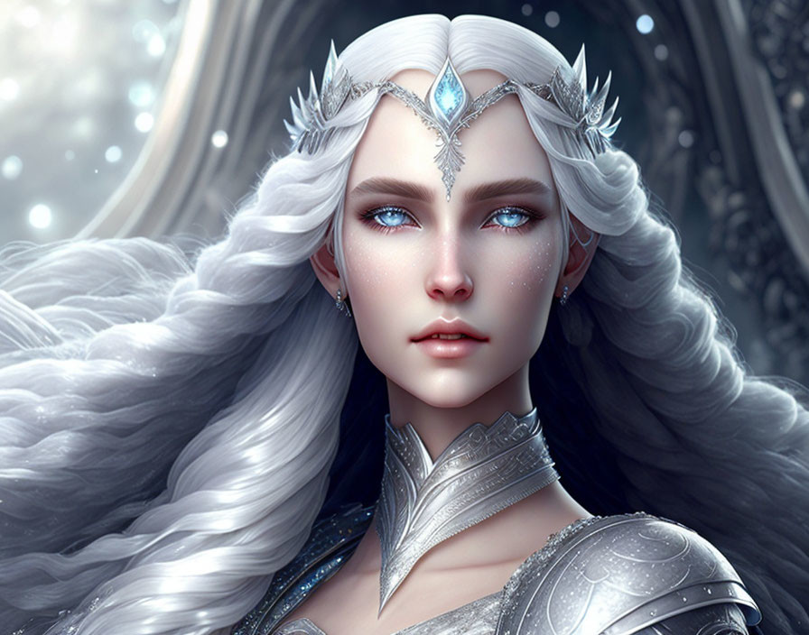 Ethereal woman with silver hair and crown in magical setting