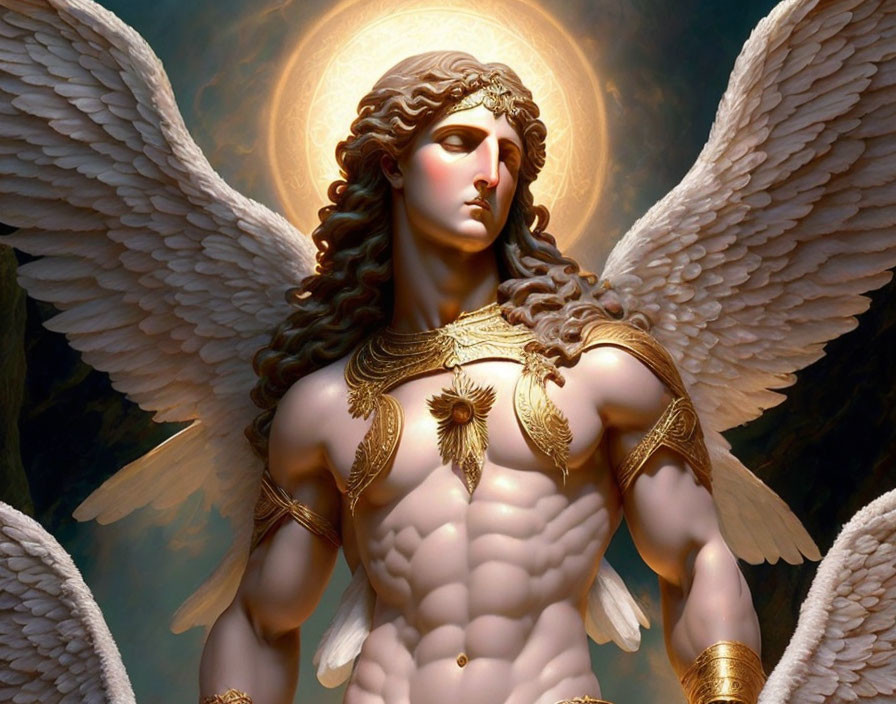 Muscular angel in golden armor with white wings and halo