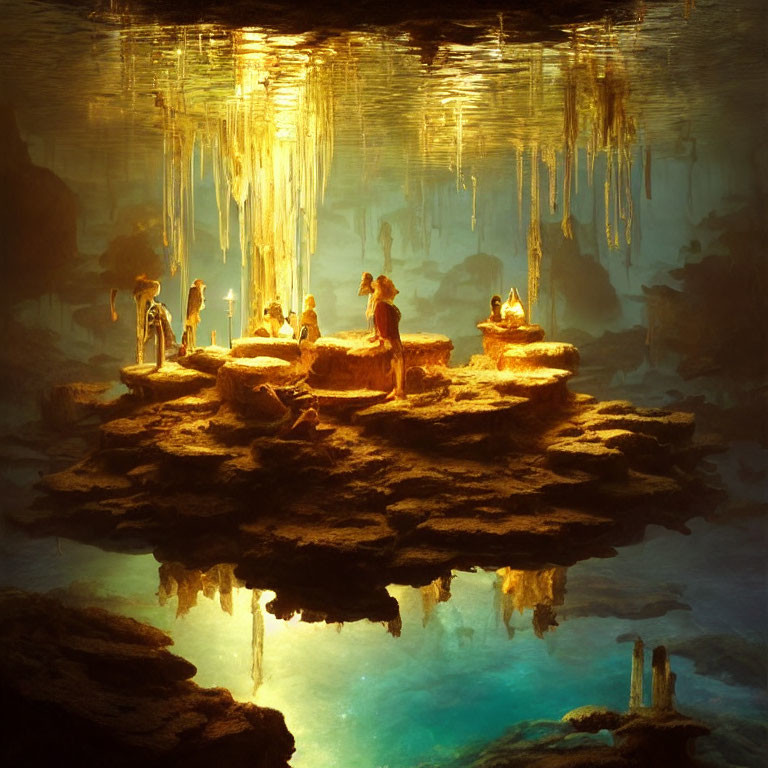 Group of People Standing in Luminous Cave with Stalactites and Clear Water