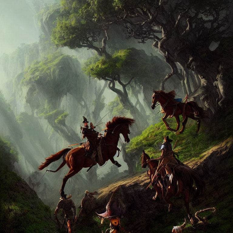 Medieval knights on horseback in mystical forest with towering trees.