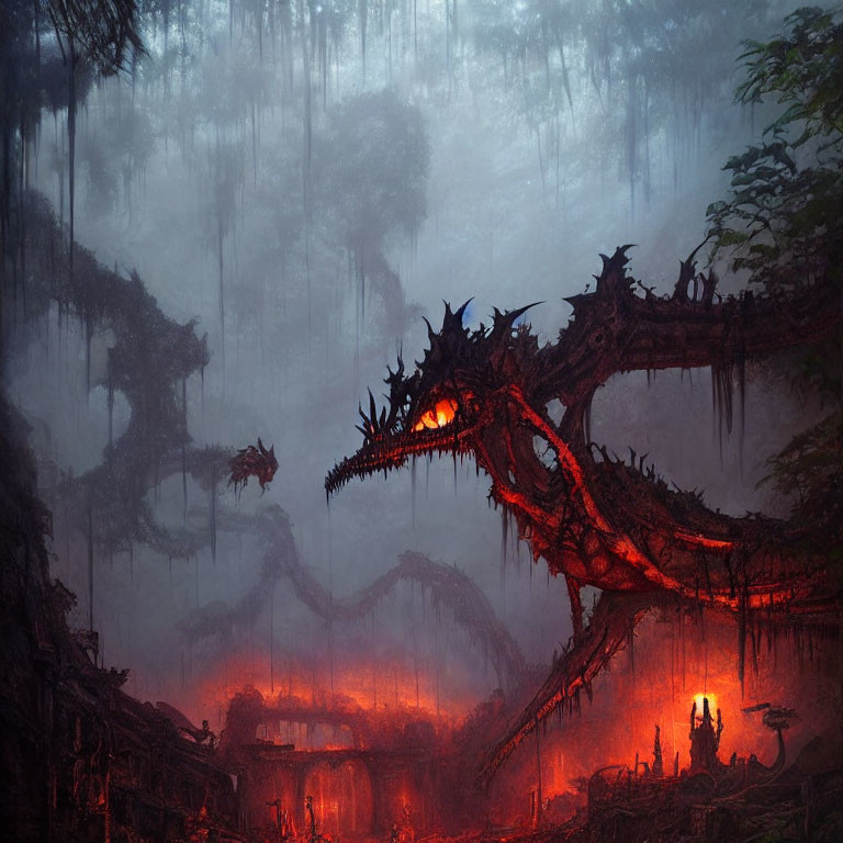 Fiery-eyed dragon in misty forest with ruins