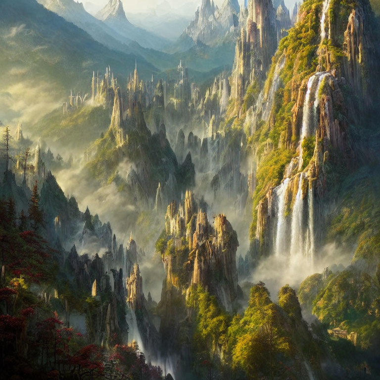 Majestic misty mountain spires with lush greenery and autumnal trees