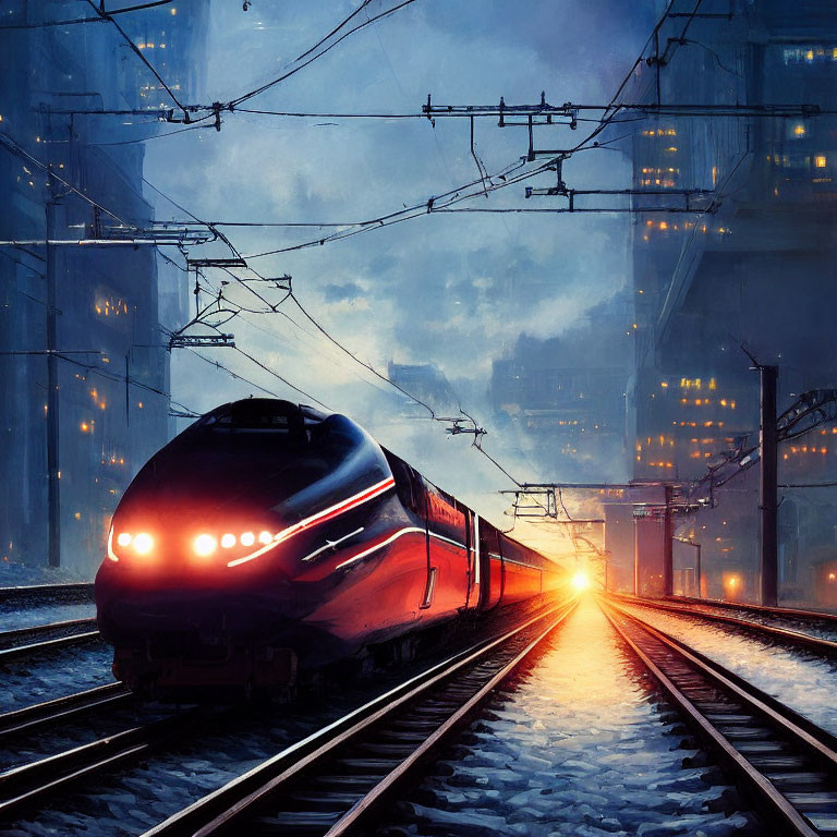 Futuristic train speeding through illuminated cityscape at dusk