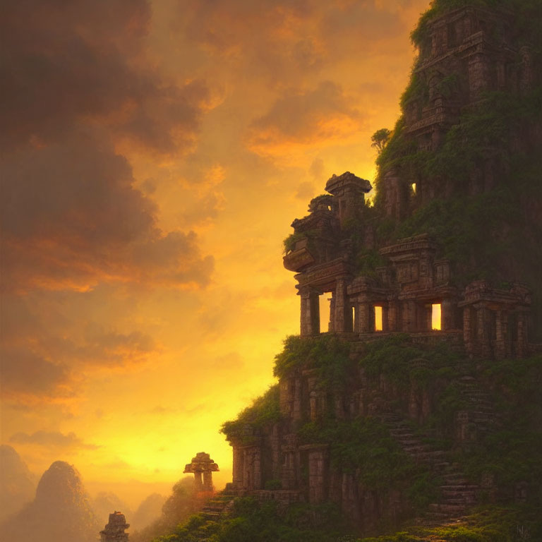 Majestic ancient ruins under dramatic sunset sky