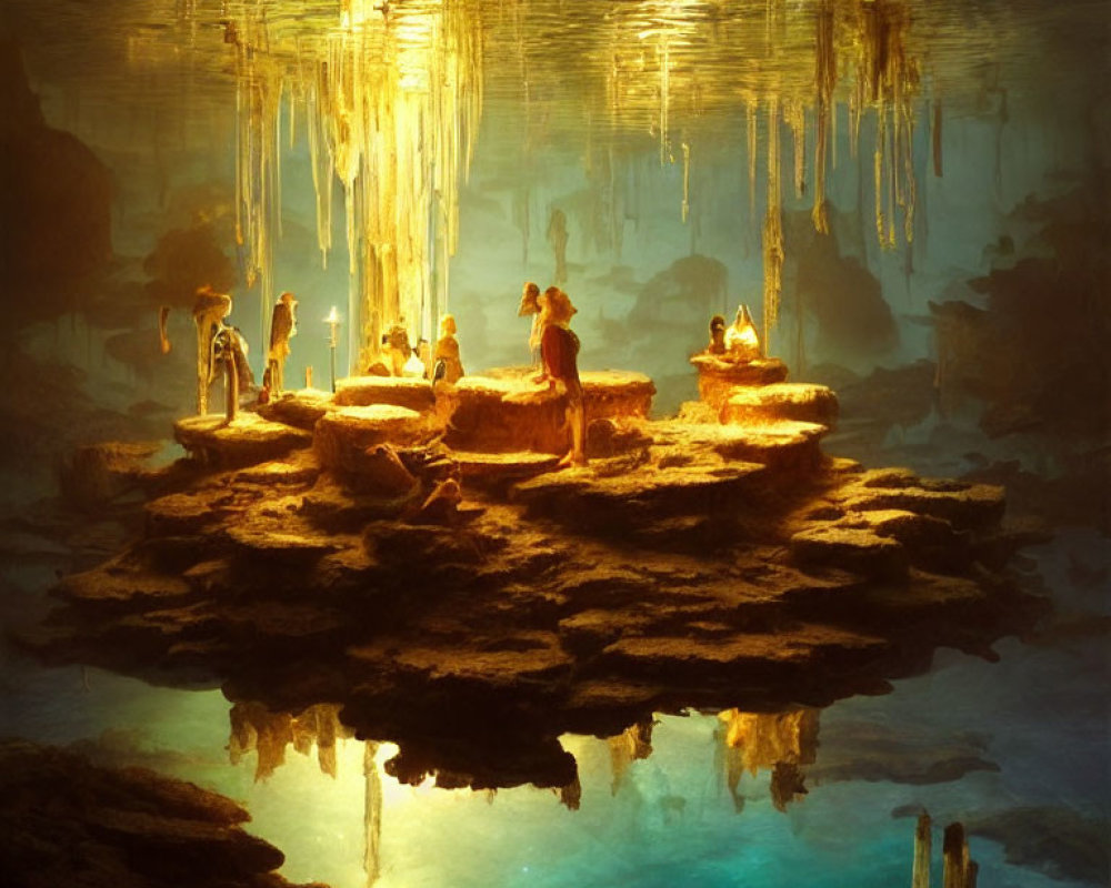 Group of People Standing in Luminous Cave with Stalactites and Clear Water