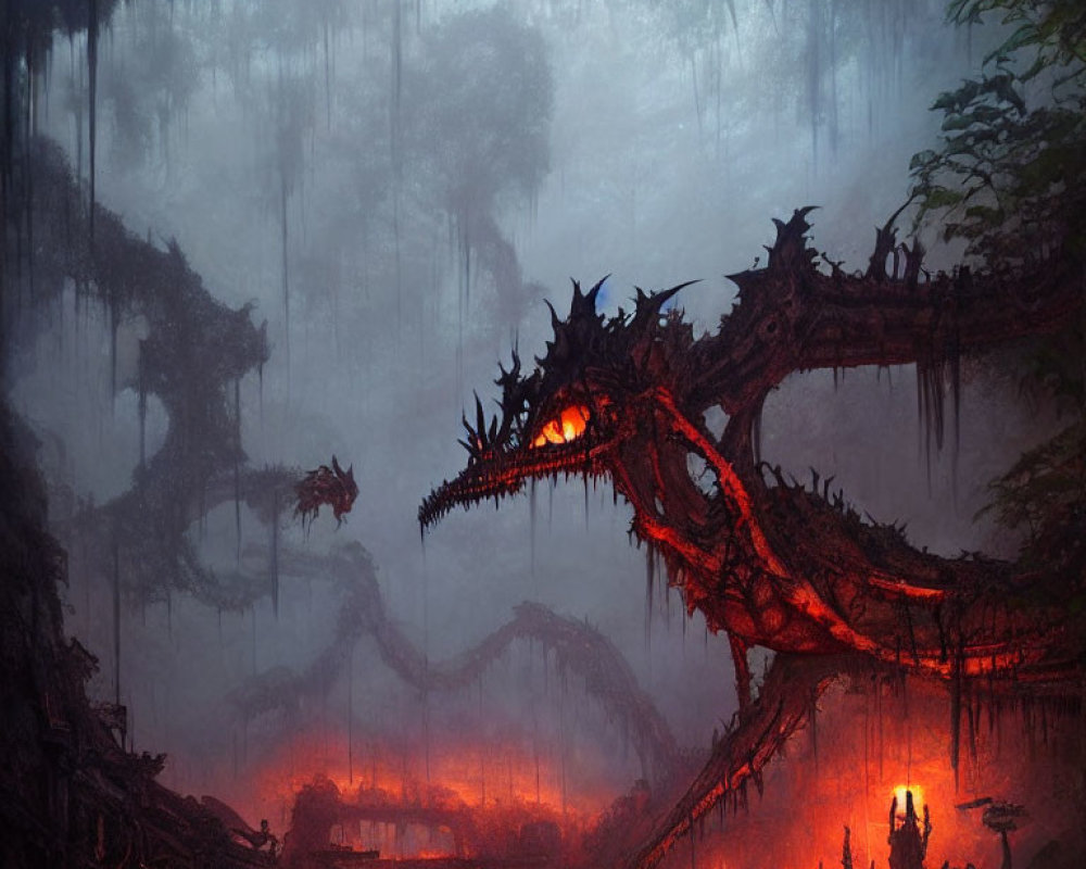 Fiery-eyed dragon in misty forest with ruins