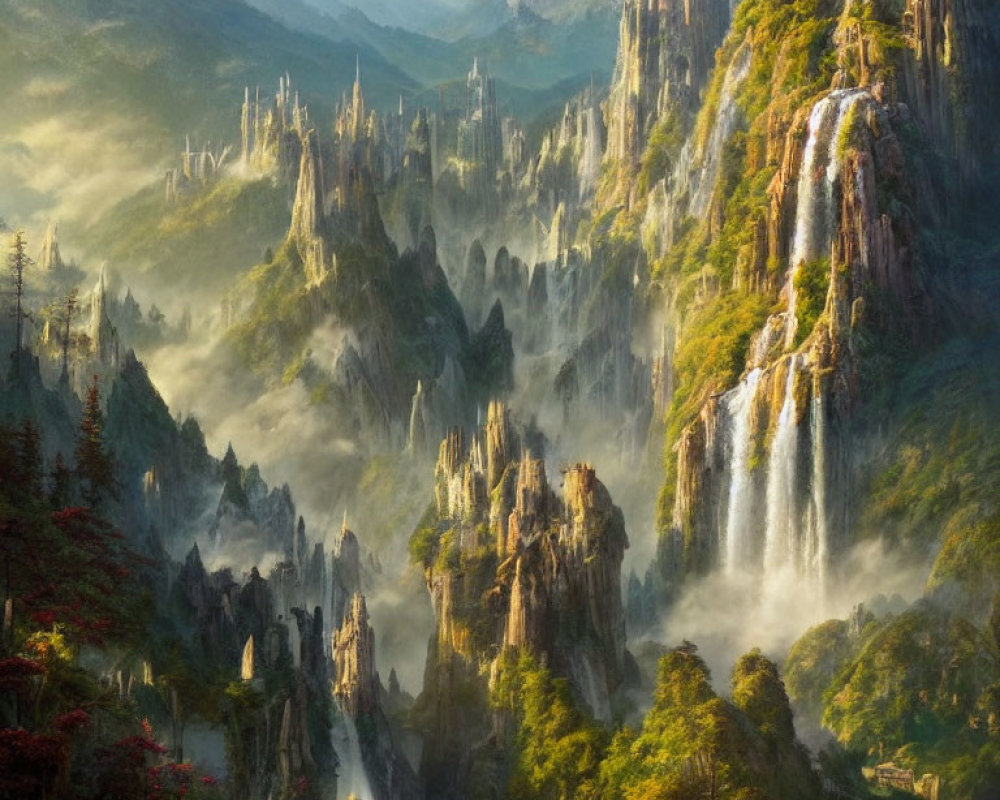 Majestic misty mountain spires with lush greenery and autumnal trees