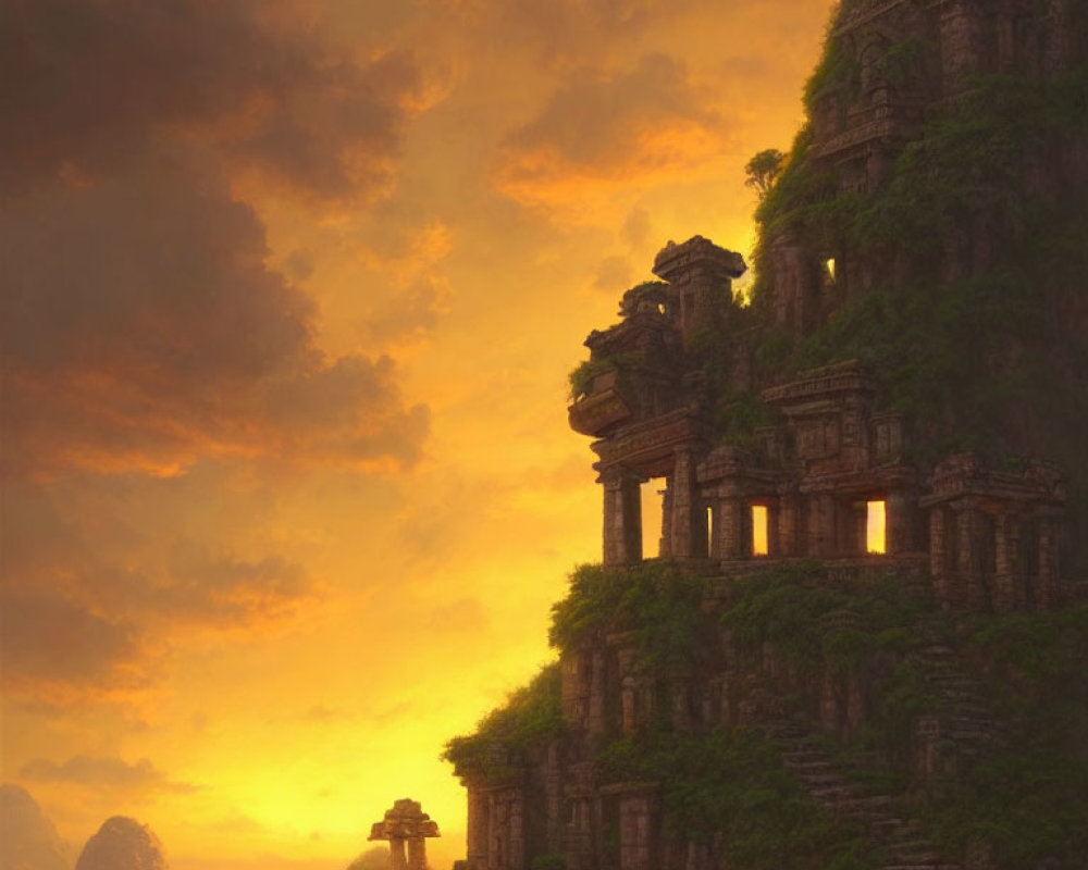 Majestic ancient ruins under dramatic sunset sky