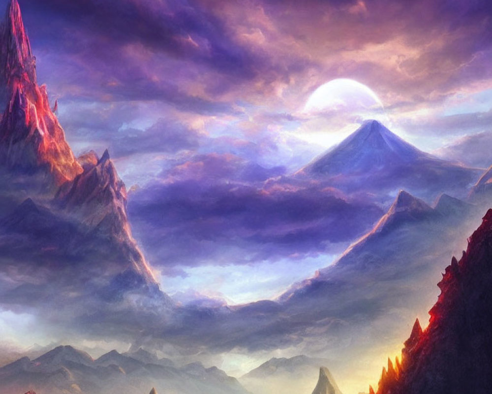 Majestic mountains under purple sky at sunset