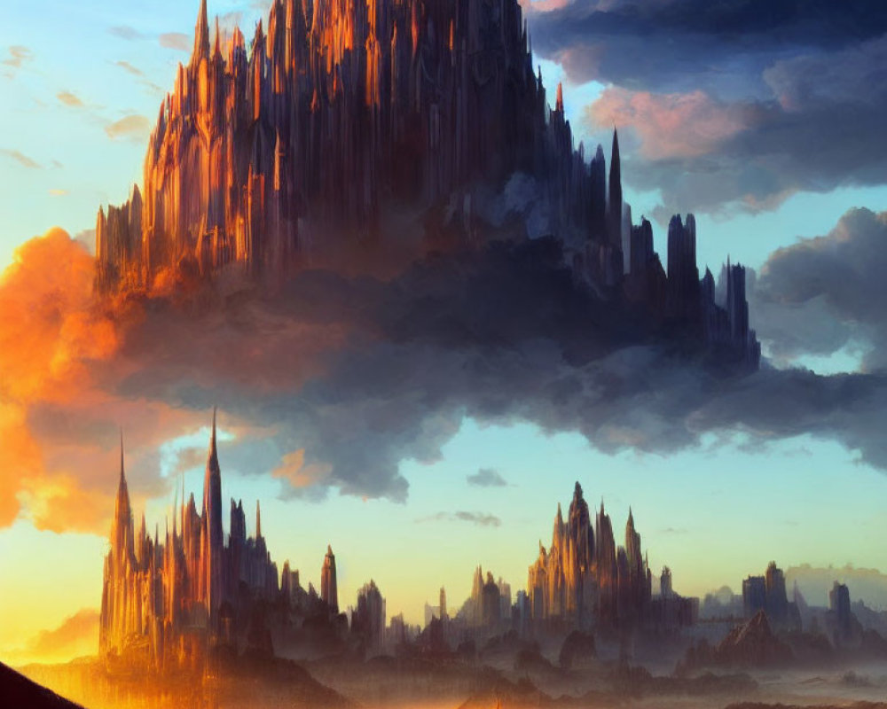 Majestic fantasy landscape with towering mountains at sunset