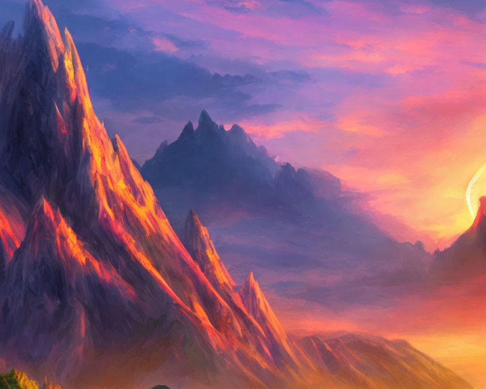 Majestic mountains under colorful sunset sky