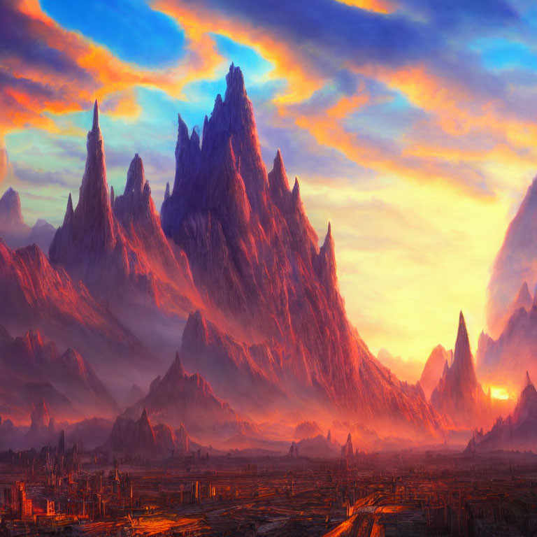 Majestic fantasy landscape: towering mountains, ancient city, dramatic sunset