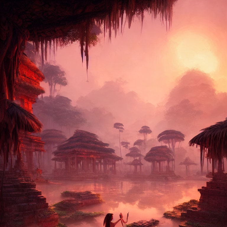 Serene sunrise landscape with huts, figure in boat, and lush greenery