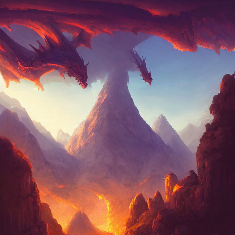 Fiery sky with dragons over volcanic landscape