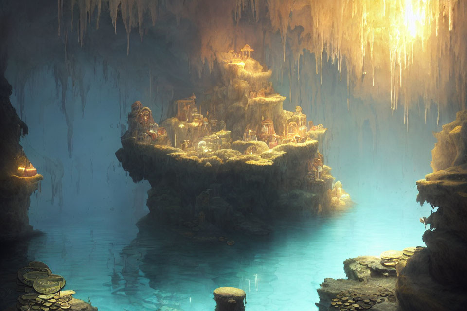 Ethereal underground city with golden lights, ancient architecture, water, stalactites