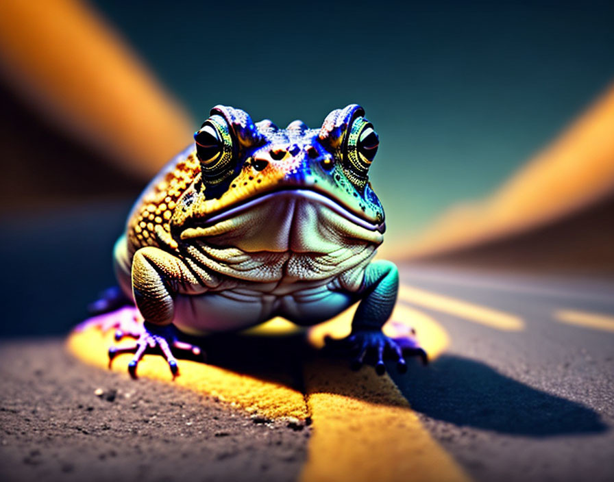 Colorful Frog on Road with Yellow Stripes and Dramatic Lighting