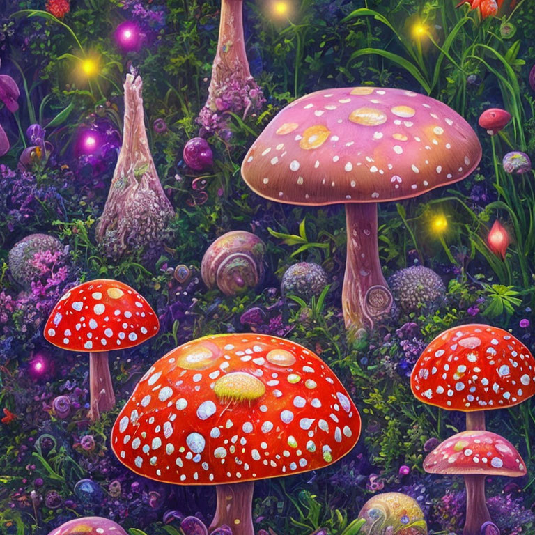 Enchanting forest scene with red-capped mushrooms and glowing orbs