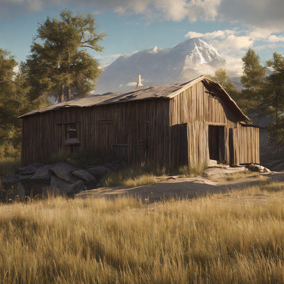 Rustic wooden cabin in tranquil field with snow-capped mountain.