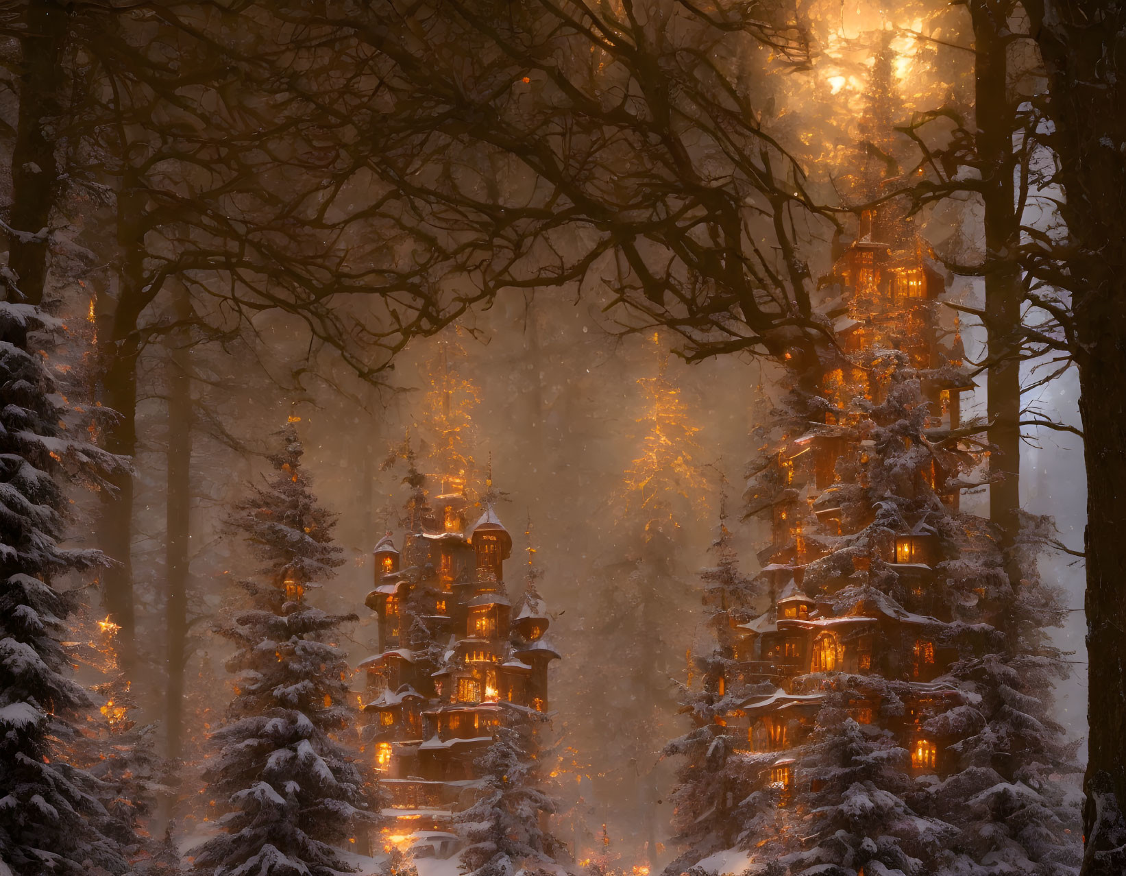 Enchanted winter forest with illuminated tiered structure