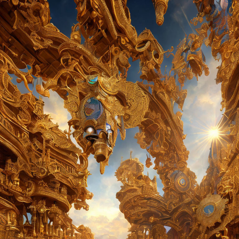 Intricate Golden Sculptures Shine Against Blue Sky