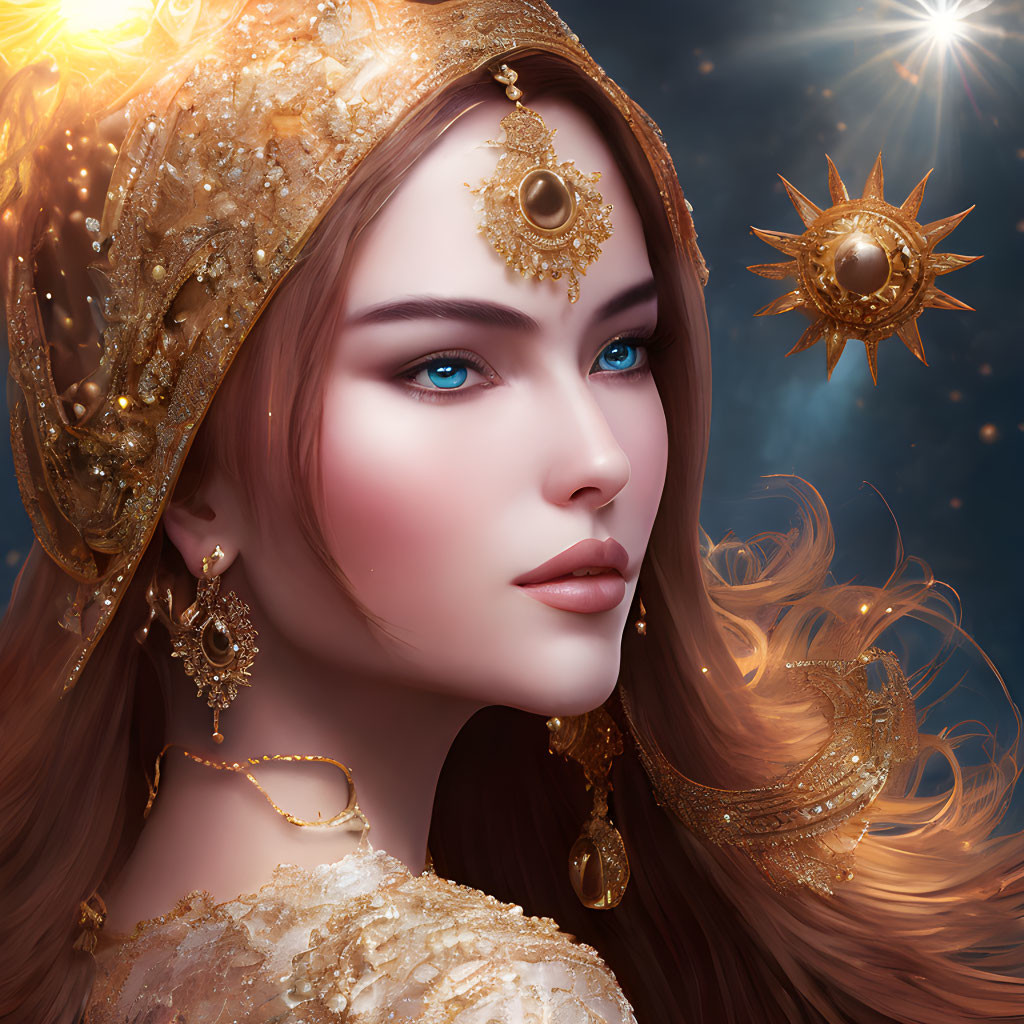 Fantasy portrait of woman with blue eyes, golden jewelry, celestial headdress, cosmic background