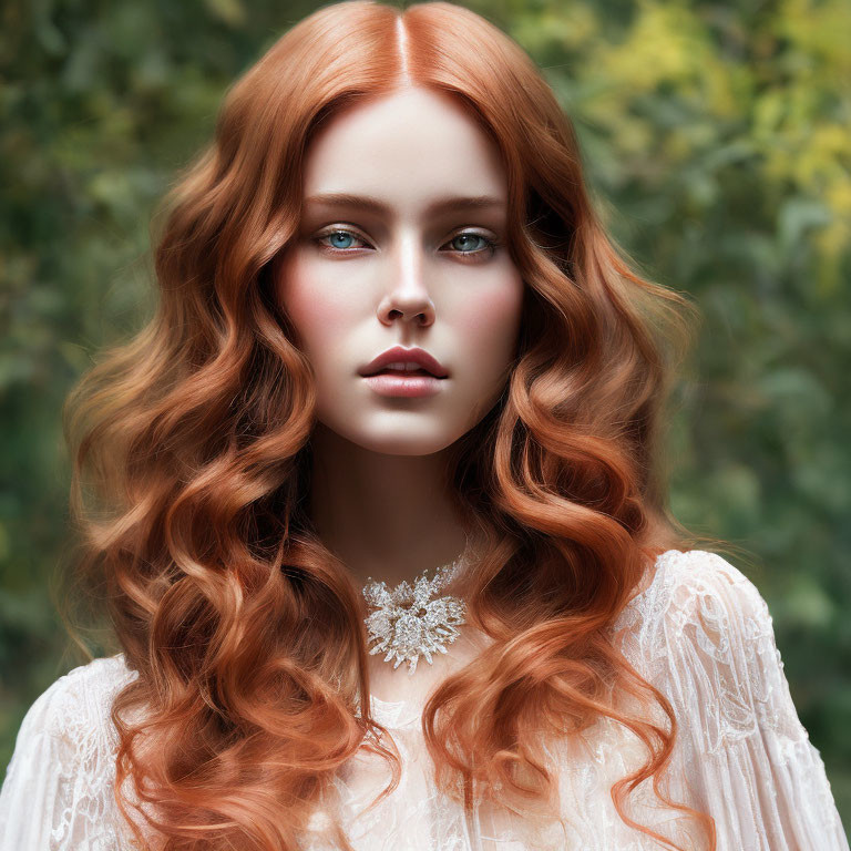 Red-haired woman in white lace attire against leafy green backdrop