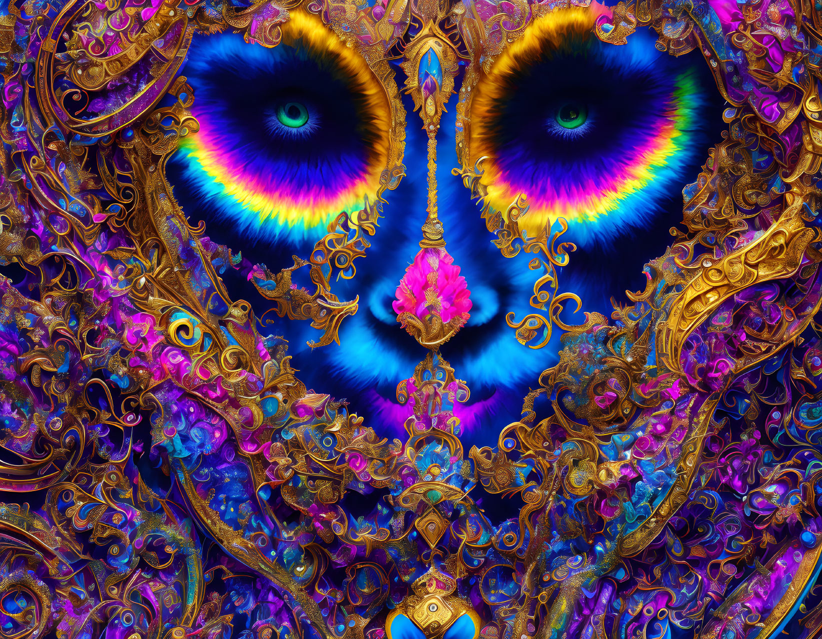 Colorful digital artwork: Owl-like eyes in intricate fractal patterns