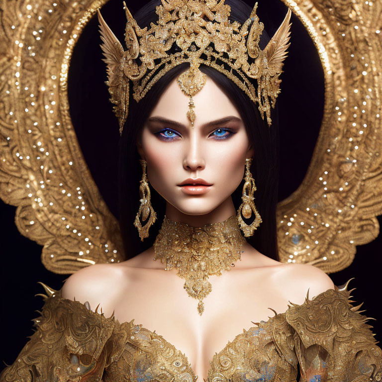 Regal woman with blue eyes in golden headdress and jewelry