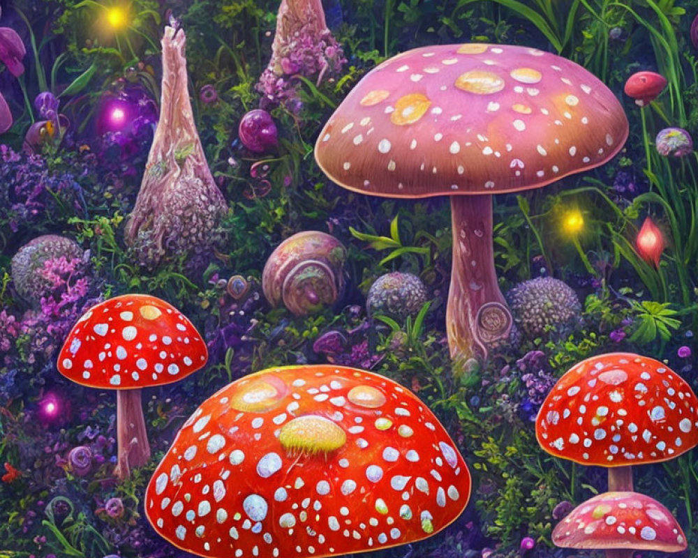 Enchanting forest scene with red-capped mushrooms and glowing orbs