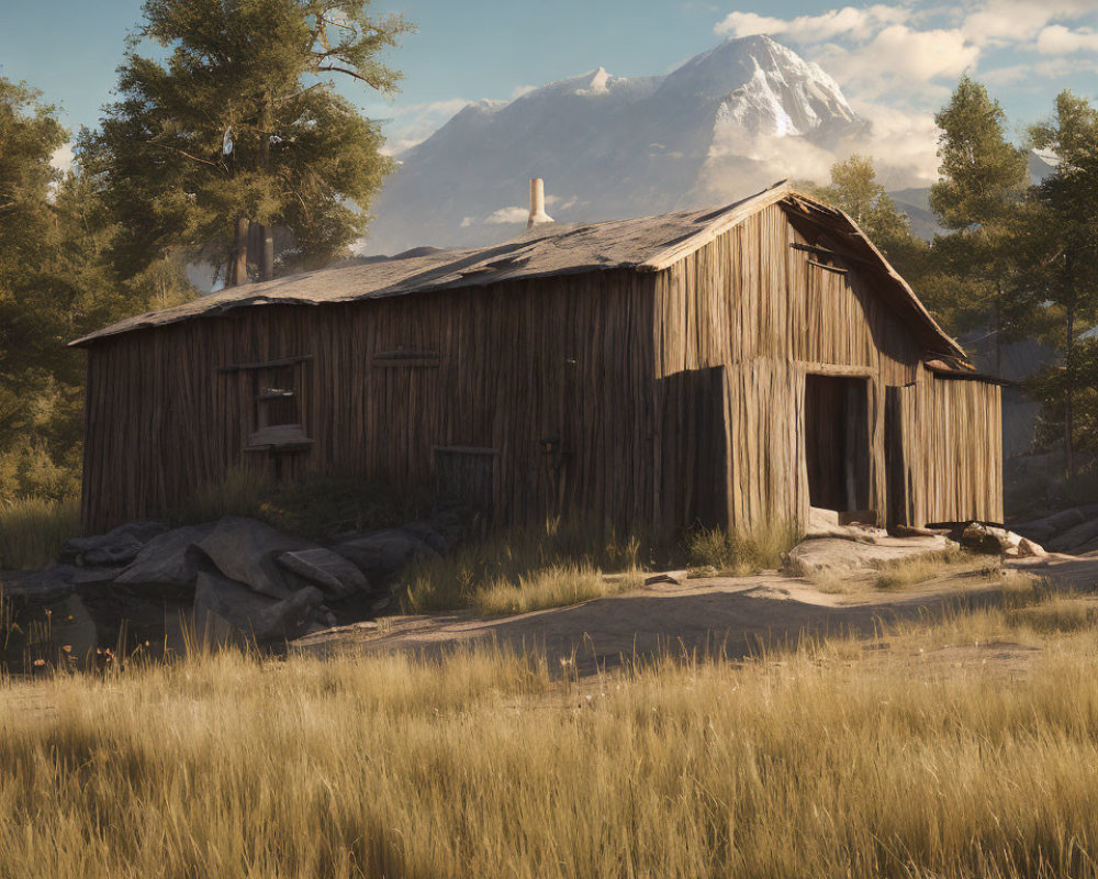 Rustic wooden cabin in tranquil field with snow-capped mountain.