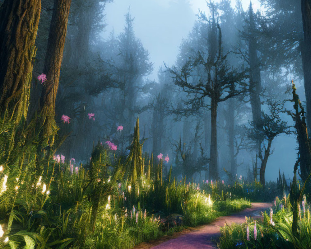 Tranquil Forest Path with Greenery and Flowers