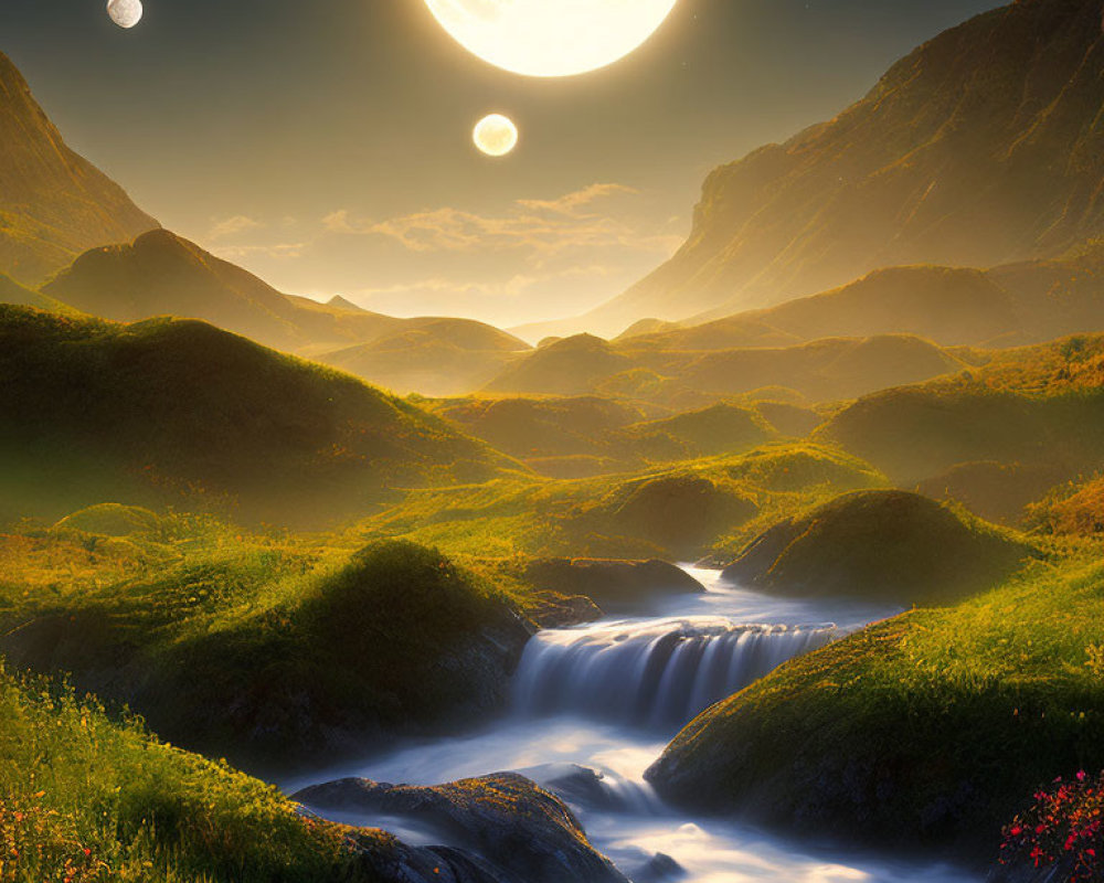 Scenic landscape with green hills, river, waterfall, moon, and sky.