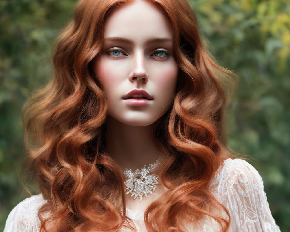 Red-haired woman in white lace attire against leafy green backdrop