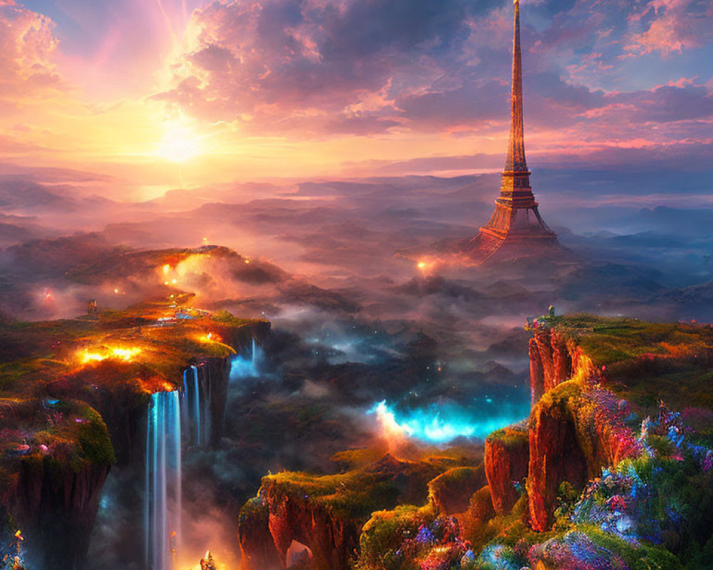 Fantastical sunrise landscape with vibrant flowers, towering spire, waterfalls, and glowing lights