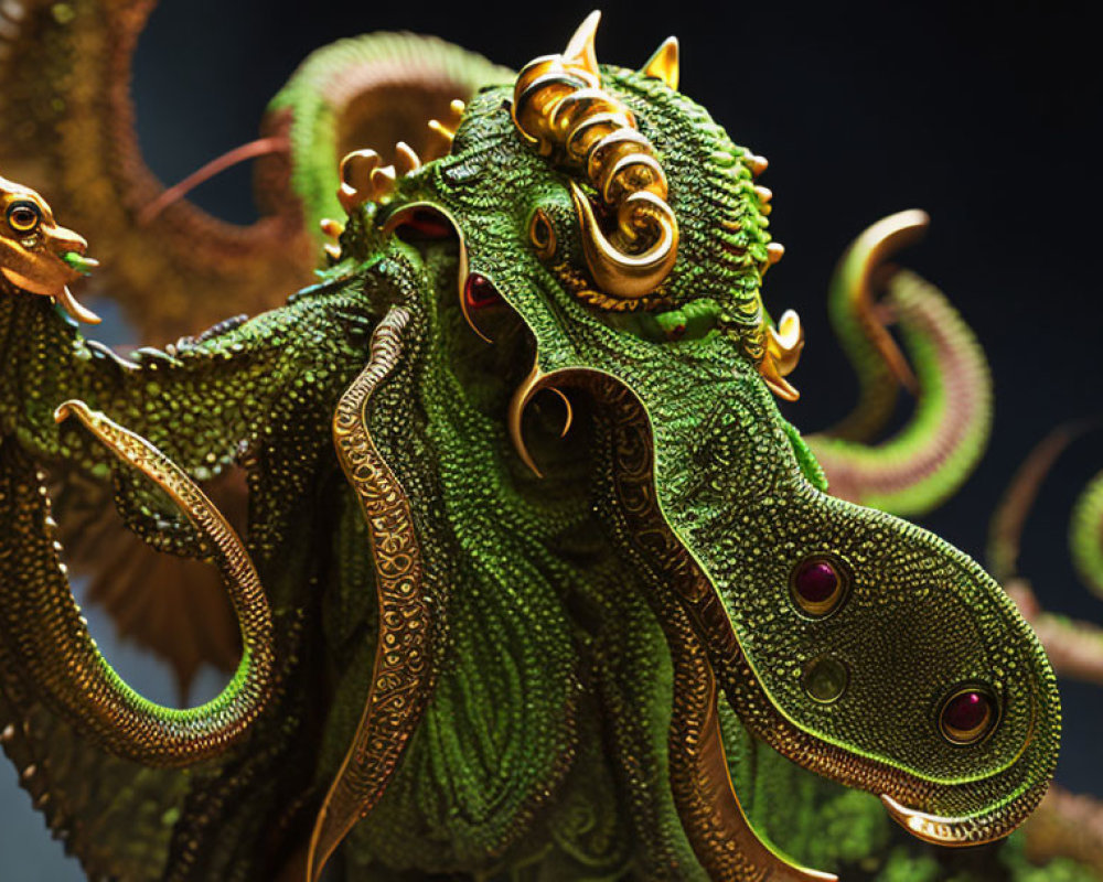 Detailed Green and Gold Dragon Sculpture with Red Gemstone Accents