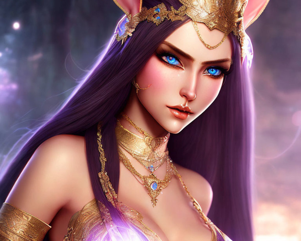 Fantasy illustration of female character with purple hair and fox ears