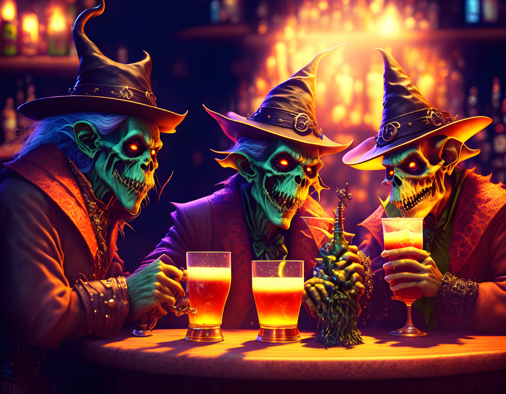 Three Skeleton Characters in Witch Hats at Vibrant Bar