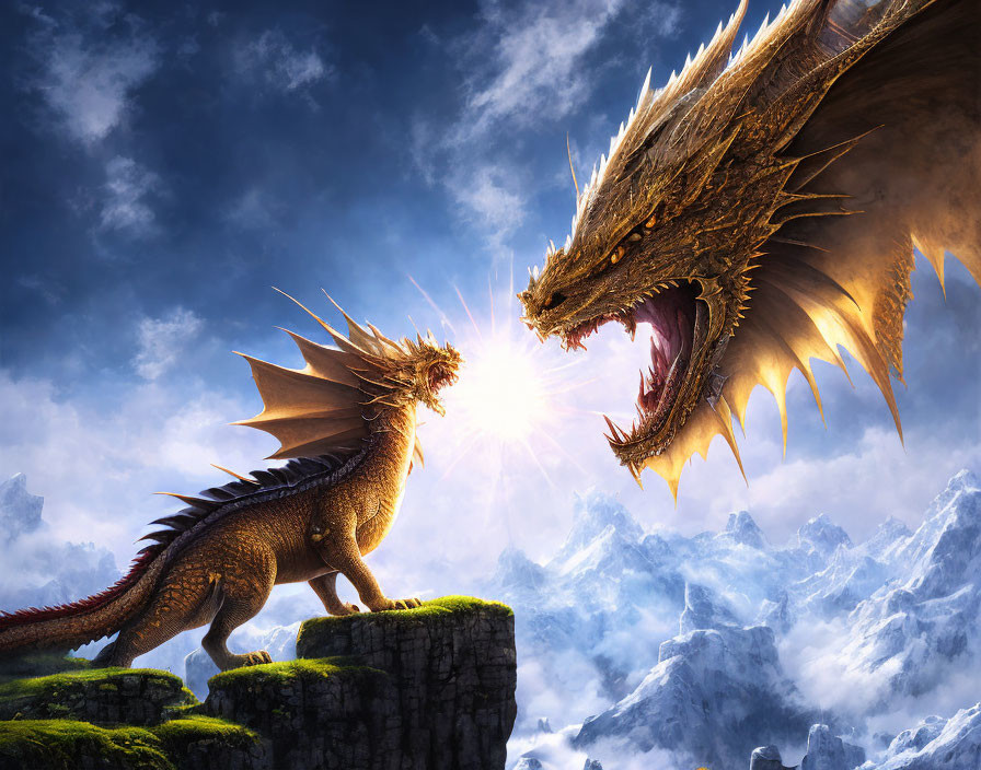 Majestic dragons on rocky outcrops under blue sky