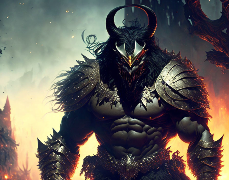 Armored figure with horns and halo in dark infernal backdrop