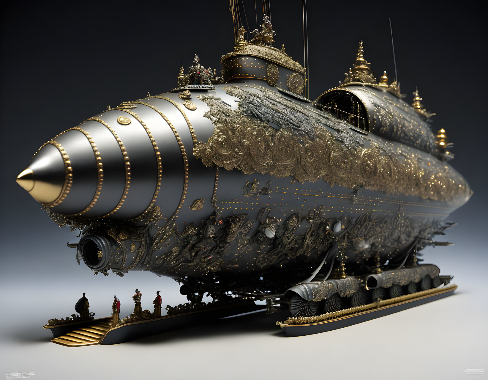 Steampunk submarine with ornate embellishments and figures against gradient backdrop