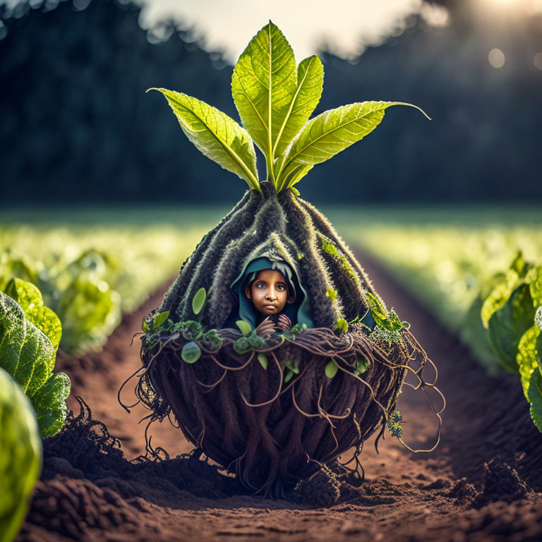 Person peeking from giant root-covered vegetable in sunny field