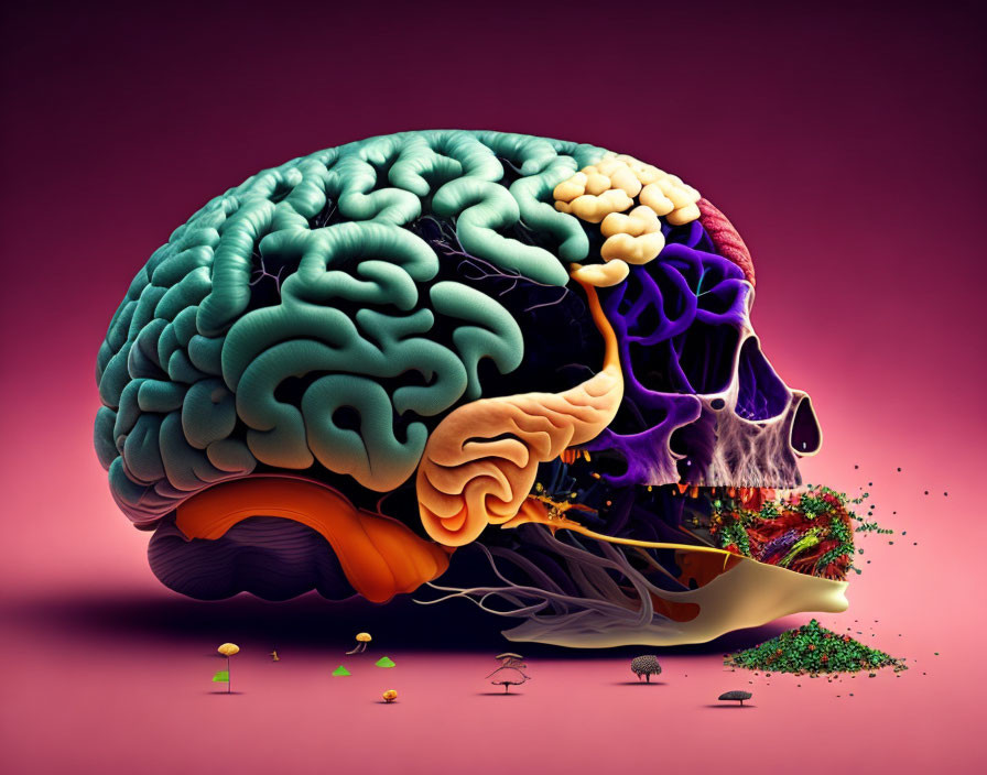 Colorful brain with landscape sections in human skull on pink background