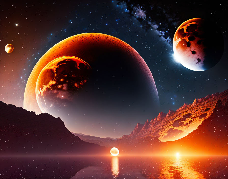 Surreal extraterrestrial landscape with large planets & starry sky