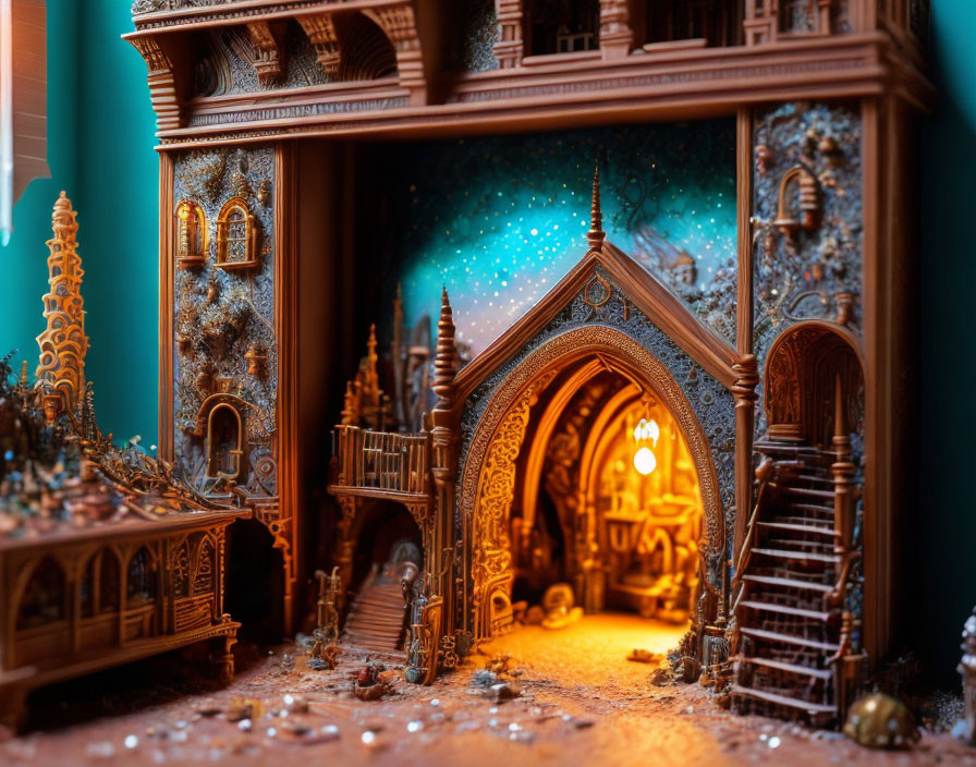 Miniature Fantasy Library with Ornate Woodwork and Starry Backdrop