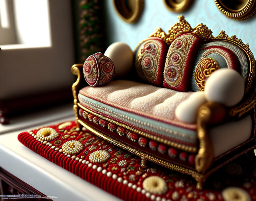 Detailed miniature sofa with gold accents on blurred background