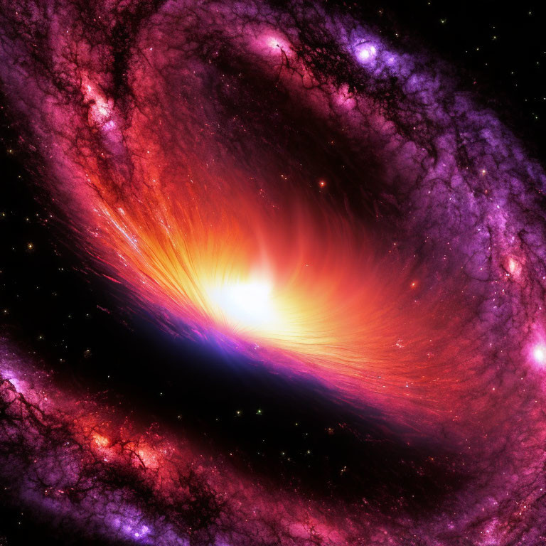 Colorful cosmic scene with bright core and orange bands on purple backdrop